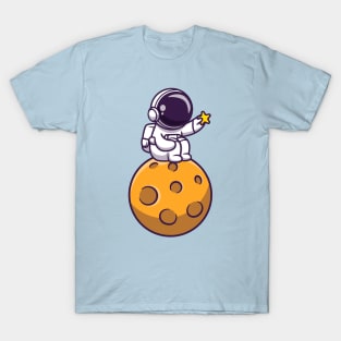 Cute Astronaut Sitting On Moon And Holding Star T-Shirt